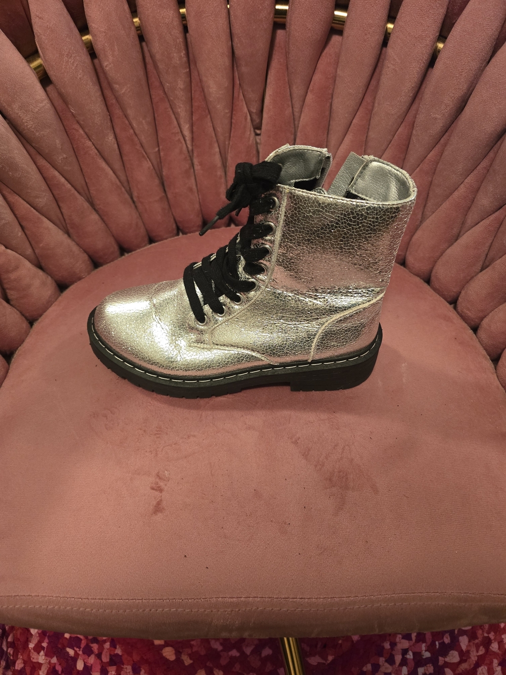 Women's Metallic Silver Lace-Up Combat Boots